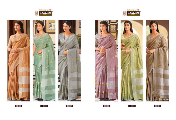 Sangam Nagma Linen Fancy Function Wear Heavy Stylish Embroidered Sarees Collection